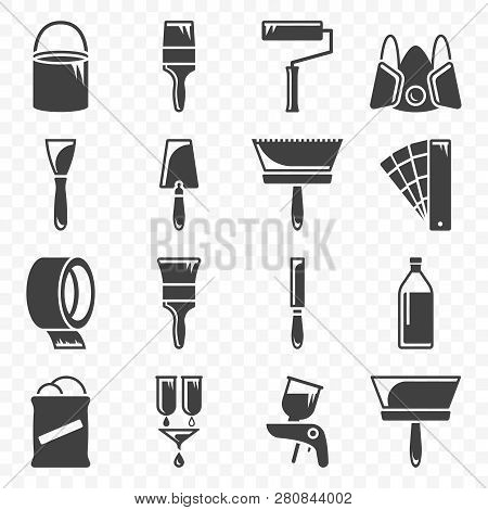 Set Of Icons Related To Painting And Paint Work. Vector On Transparent Background.
