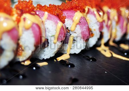 Panorama Banner Of Traditional Japanese Dishes With Uramaki Sushi, Gomoku Yakisoba, Tempura Shrimp A