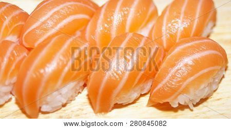 Panorama Banner Of Traditional Japanese Dishes With Uramaki Sushi, Gomoku Yakisoba, Tempura Shrimp A