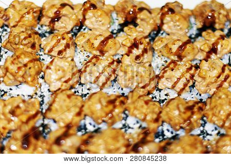 Panorama Banner Of Traditional Japanese Dishes With Uramaki Sushi, Gomoku Yakisoba, Tempura Shrimp A