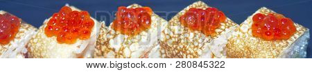 Panorama Banner Of Traditional Japanese Dishes With Uramaki Sushi, Gomoku Yakisoba, Tempura Shrimp A