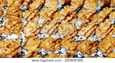 Panorama Banner Of Traditional Japanese Dishes With Uramaki Sushi, Gomoku Yakisoba, Tempura Shrimp A