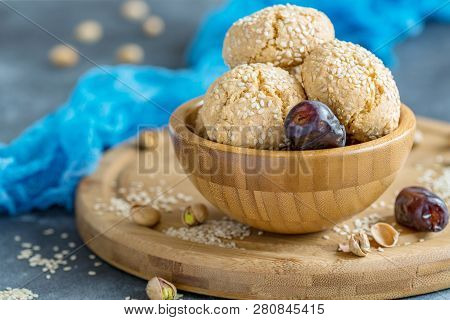 Homemade Moroccan Sesame Cookies In A Wooden Bowl.