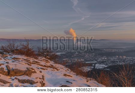 Sunrise On Boren Hill Near Bilina Town In Winter Frosty Color Morning