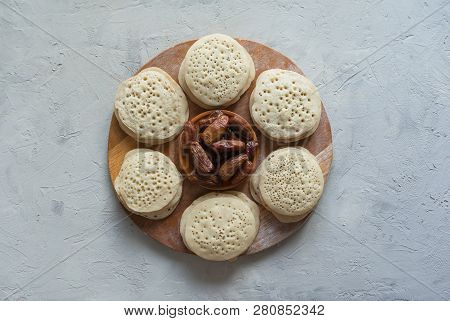 Baghrir Moroccan Pancakes. Arabic Pancakes With Dates.