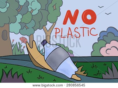 Illustration No Plastic Bottle In The Shape Of A Shell Of A Snail In A 

Landscape