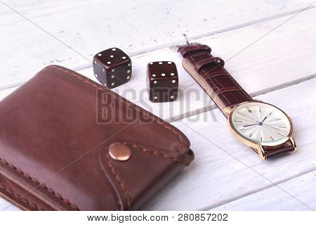 Mens Accessories For Business And Rekreation. Leather Belt, Wallet, Watch And Smoking Pipe On Wood B