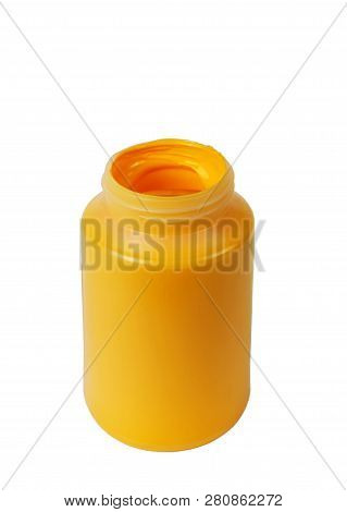 Darh Yellow Acrylic Paint In The Plastic Container, Isolated White Background