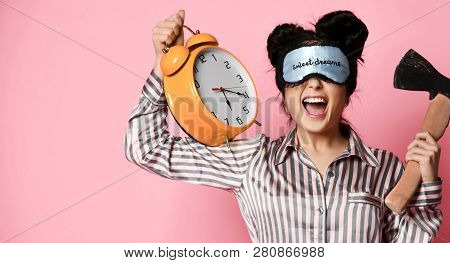 Young Woman Pajama Just After Sleep. Just Woke Up With Bandage For Sleep On Her Eyes Alarm Clock And