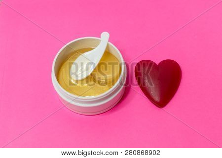 Beauty, Gold Patch Under The Eyes. Spa Treatment And Face Beauty Concept.face Care And Perfect Skin 