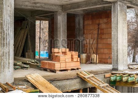 Building In Construction With Materials, Close View