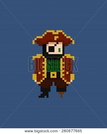 Pixel Art Vector Illustration - 8 Bit Pirate Captain With Eye Patch And Leg Crutch