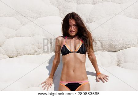 Fresh And Beautiful. Sexy Woman With Fit Suntan Body. Cotton Castle In Southwestern Turkey. Summer V