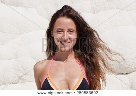 Fresh And Beautiful. Sexy Woman With Fit Suntan Body. Cotton Castle In Southwestern Turkey. Summer V