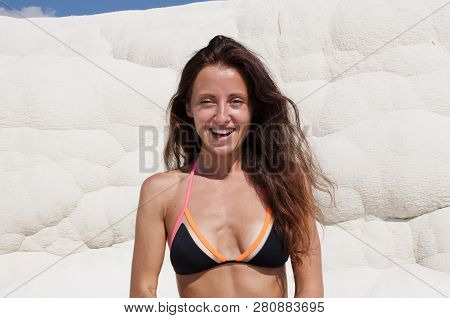 Fresh And Beautiful. Sexy Woman With Fit Suntan Body. Cotton Castle In Southwestern Turkey. Summer V