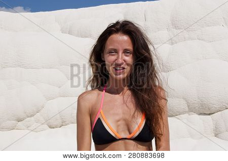 Fresh And Beautiful. Sexy Woman With Fit Suntan Body. Cotton Castle In Southwestern Turkey. Summer V