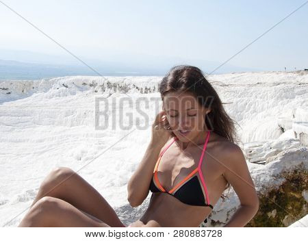 Fresh And Beautiful. Sexy Woman With Fit Suntan Body. Cotton Castle In Southwestern Turkey. Summer V