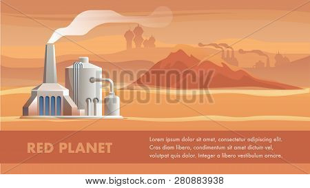 Illustration Technical Station Surface Red Planet. Banner Vector Panorama Mountain Landscape Mars. S