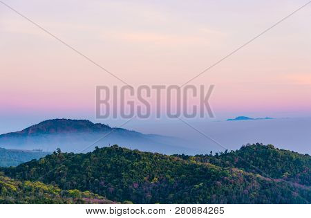 Mountains And Mist With Morning Sunset.this Is A Beautiful Landscape At Phu Tubberk,phetchabun Provi