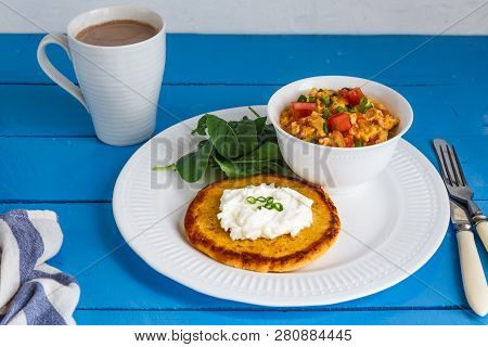 Traditional Colombian Breakfast Huevos Pericos With Corn Cakes
