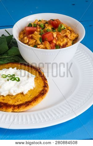 Traditional Colombian Breakfast Huevos Pericos With Corn Cakes