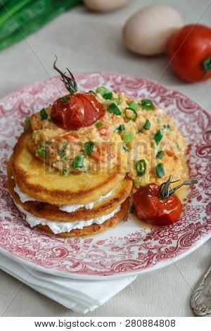 Traditional Colombian Breakfast Huevos Pericos With Corn Cakes