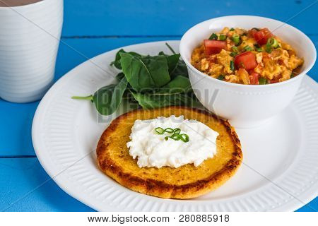 Traditional Colombian Breakfast Huevos Pericos With Corn Cakes