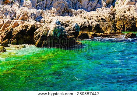 Chateau Dif, Coastal Cliffs And The Sea Near Island In The Bay Of Marseille. Castle If.