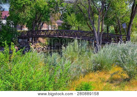 Views Of Jordan River Trail Pedestrian And Train Track Bridge With Surrounding Trees, Russian Olive,