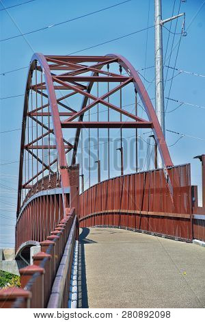 Views Of Jordan River Trail Pedestrian And Train Track Bridge With Surrounding Trees, Russian Olive,