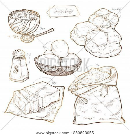 Sweet Pastries - Cream Puffs Recipe. Vector Set Of Ingredients Vintage Hand Drawn Sketch Baking On L