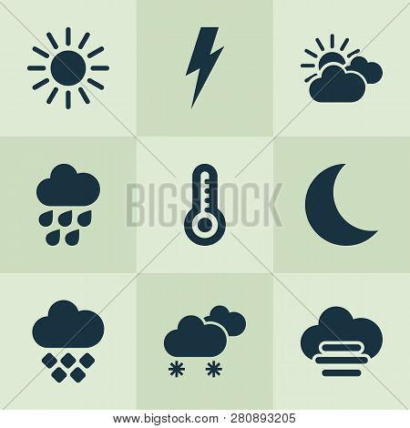 Air Icons Set With Night, Sunset, Thunderstorm And Other Synoptic Elements. Isolated Vector Illustra
