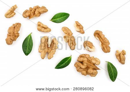 Peelled Walnuts With Leaves Isolated On White Background With Copy Space For Your Text. Top View. Fl