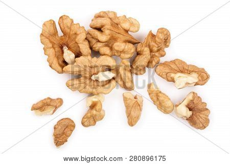 Peelled Walnuts Isolated On White Background. Top View. Flat Lay