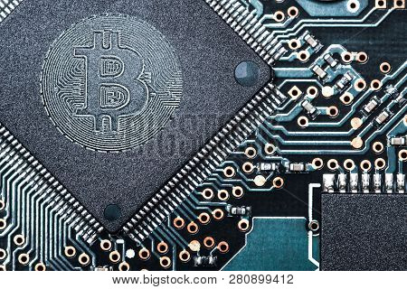 Concept Bitcoin Virtual Cryptocurrency. Sign Or Symbol Btc At Computer Or Laptop Microscheme. Macro.