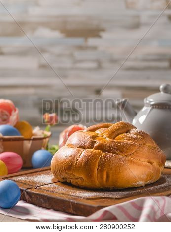 Portuguese Traditional Easter Cake. Folar With Eggs On Wooden Table