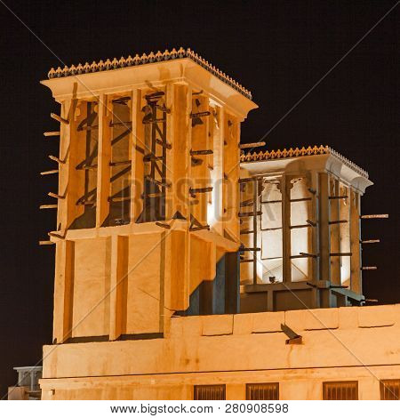 A Windtower Photographed At Night In Dubai, United Arab Emirates.