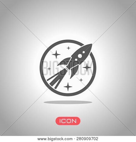 Rocket Launch With Stars In Circle Icon. Icon Under Spotlight. Gray Background