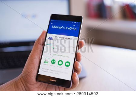 Chiang Mai, Thailand - June 03,2018: Man Holding Huawei With Onedrive On Screen. Microsoft Onedrive 