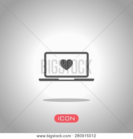 Laptop Or Notebook Computer With Heart On Screen. Simple Icon. Icon Under Spotlight. Gray Background
