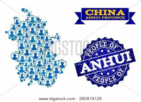 People Combination Of Blue Population Map Of Anhui Province And Scratched Seal Stamp. Vector Seal Wi