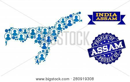 People Combination Of Blue Population Map Of Assam State And Grunge Stamp. Vector Watermark With Gru