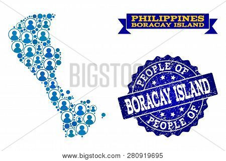 People Combination Of Blue Population Map Of Boracay Island And Grunge Seal Stamp. Vector Seal With 