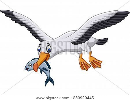 Vector Illustration Of Cartoon Albatross Eating A Fish