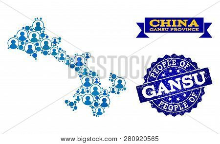 People Collage Of Blue Population Map Of Gansu Province And Rubber Seal Stamp. Vector Watermark With