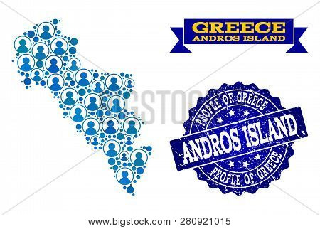 People Combination Of Blue Population Map Of Greece - Andros Island And Textured Seal. Vector Seal W
