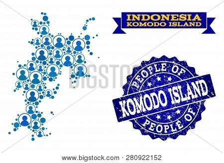 People Combination Of Blue Population Map Of Komodo Island And Rubber Seal. Vector Seal With Scratch