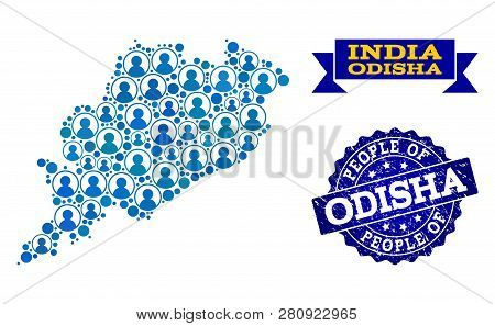 People Collage Of Blue Population Map Of Odisha State And Rubber Stamp. Vector Watermark With Scratc