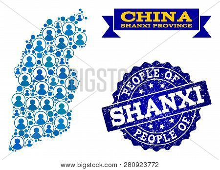People Collage Of Blue Population Map Of Shanxi Province And Corroded Seal. Vector Seal With Unclean