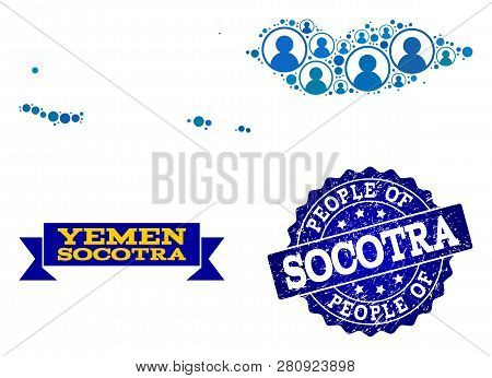 People Composition Of Blue Population Map Of Socotra Archipelago And Rubber Seal Stamp. Vector Seal 